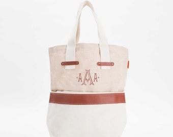 Monogrammed Canvas Jute Tote Bag Monogram Leather Travel School Market Grocery