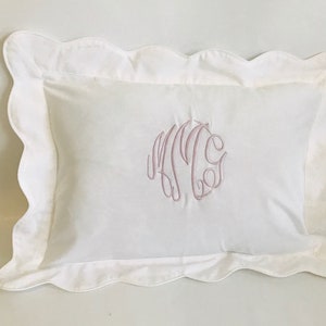 Monogrammed Baby Pillow Nursery Pink Blue White Shower Gift Scallop Boudoir White/White Trim