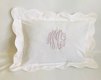 Monogrammed Baby Pillow Nursery Pink Blue White Shower Gift Scallop Boudoir