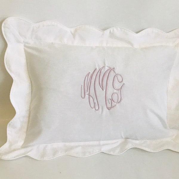 Monogrammed Baby Pillow Nursery Pink Blue White Shower Gift Scallop Boudoir