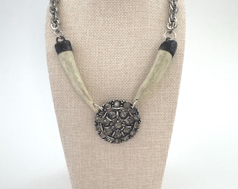 Deer Antler Necklace with Rhinestone Pin | Upcycled Silver Chain Statement Necklace | Western Rustic Jewelry