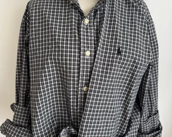 Black White Plaid Upcycled Ralph Lauren Ruffle Collar Shirt Women’s Preppy Statement Button Down Large