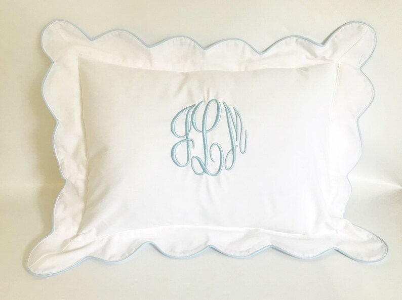 Monogrammed Baby Pillow Nursery Pink Blue White Shower Gift Scallop Boudoir White/Blue Trim