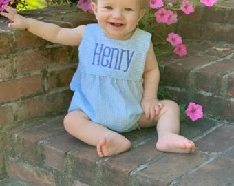 Monogrammed Boys Girls Unisex Sunsuit Seersucker Bubble Infant Monogram Baby Sleeveless