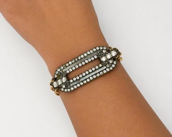 Art Deco Rhinestone Bracelet with Vintage Dress Clip | Repurposed Mixed Metal Chain Bracelet