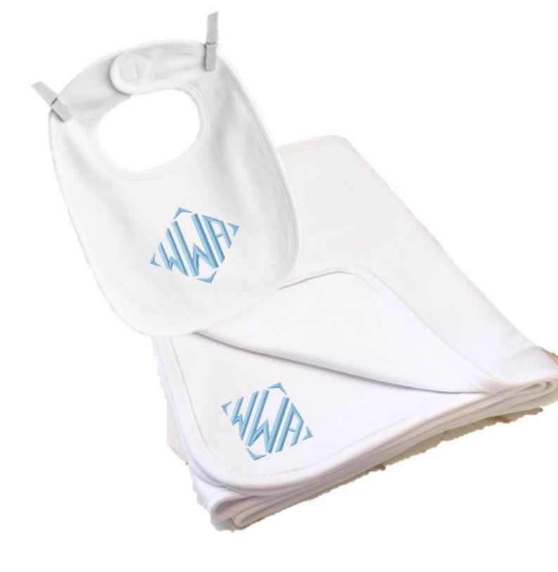 Monogrammed Baby Blanket Bib Set Shower Gift Crib Bedding Monogram Bib