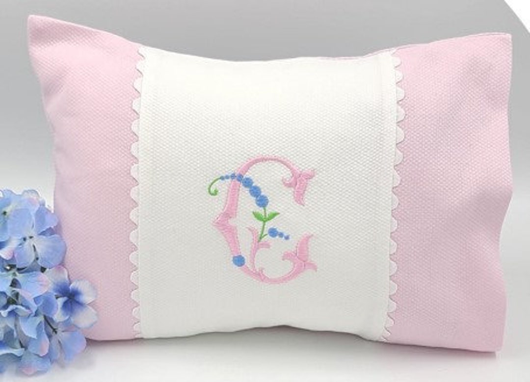 Monogrammed Baby Pillow Nursery Pink Blue White Shower Gift Boudoir