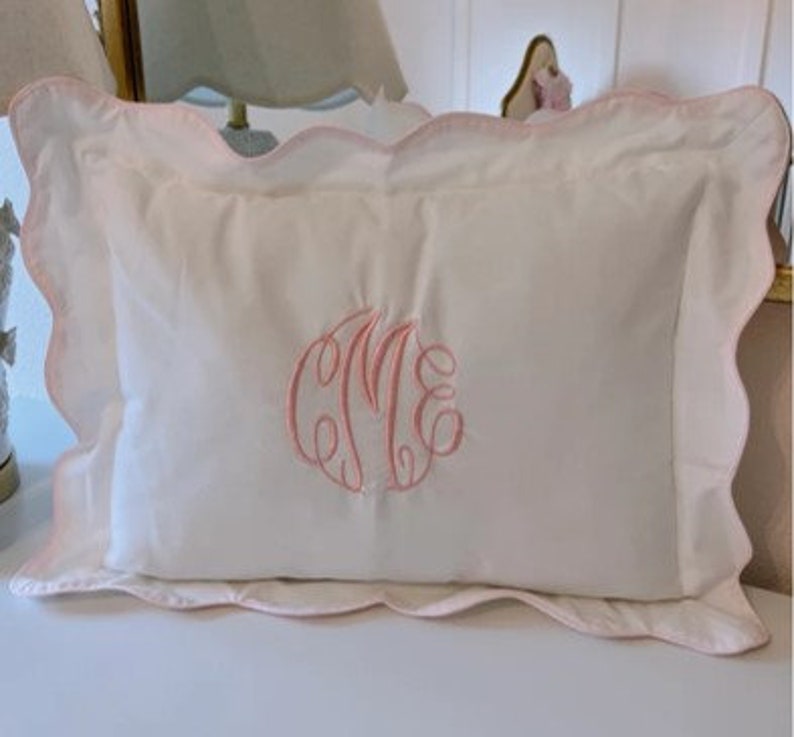 Monogrammed Baby Pillow Nursery Pink Blue White Shower Gift Scallop Boudoir image 10