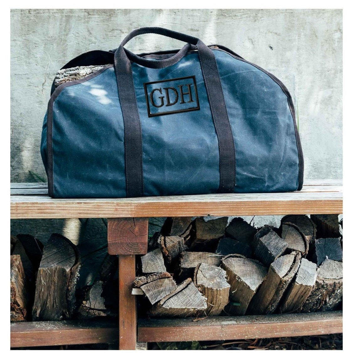 Monogrammed Canvas Log Carrier Tote Bag Utility Cabin Fire 50