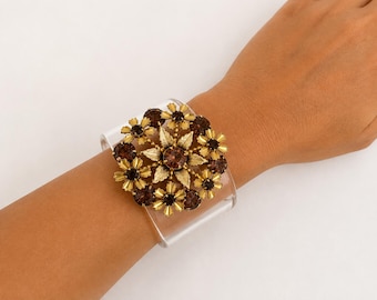 Vintage Floral Brooch Cuff Bracelet | Brown Rhinestone Lucite Statement Jewelry