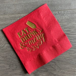 Eat, Drink & be Merry Cocktail Napkin | Christmas Napkin