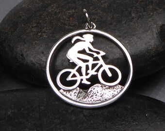 Mountainbiker Mädchen Anhänger 925 Sterling Silber
