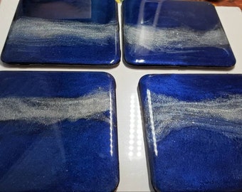 Sous-verres acryliques en résine bleue et argentée ensemble de 4, art fonctionnel, sous-verres à boisson ronds et carrés