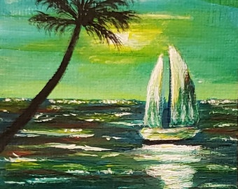 ACEO Original miniature Art Card Painting, Mini Seascape Ocean, Voilier Acrylique, Plage, Palmier, Tropical Abstrait