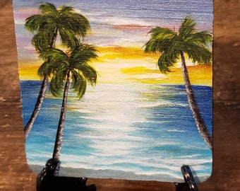 Mini peinture acrylique de paysage marin de palmier, peinture de paysage marin sur bois avec chevalet.