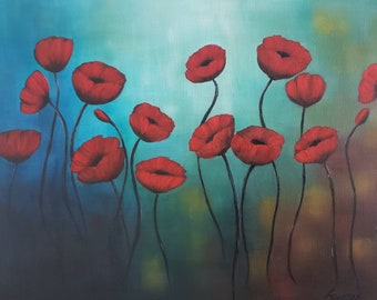 Peinture abstraite coquelicot rouge, coquelicots rouges original, acrylique abstrait fleur rouge sur toile, 12x16 pouces