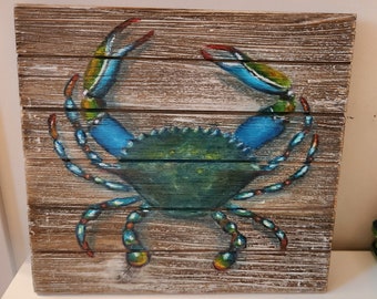 Décor de peinture de plage de crabe, peinture sur bois, décor de plage rustique, art du bois, tenture murale de crabe