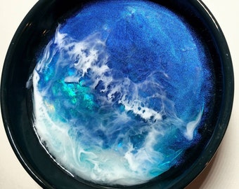 Blue round resin ocean trinket dish,holographic ring dish