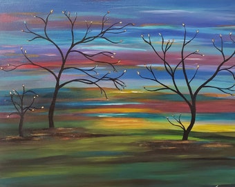 Peinture abstraite de paysage d’arbre sur toile, acrylique abstrait fantaisiste 16x20in