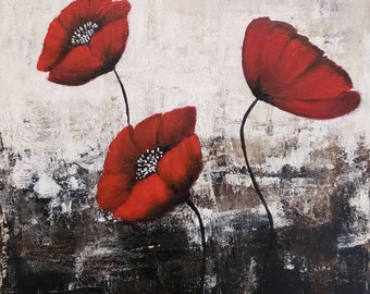 Peinture abstraite coquelicot noir et blanc, coquelicots rouges originaux, acrylique abstrait fleur rouge sur toile, 10x10 pouces