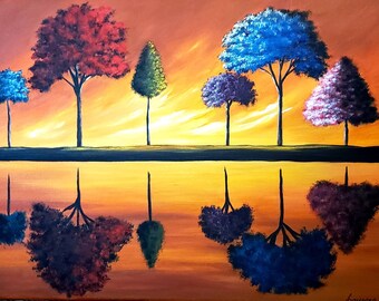Paysage d'arbre coloré abstrait, peinture de réflexion sur toile, abstrait acrylique 12x16in