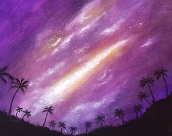 Palmier original galaxie peinture abstraite acrylique sur toile tendue 14 x 14