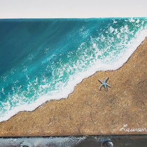 Original seascape, ocean beach, starfish acrylic painting 5x7