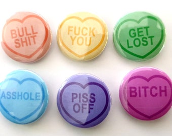 SWEETHEARTS Nasty swear words button badges SET of 6