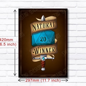 NATURAL WINNER Poster inspired by Dungeons and Dragons - When you roll a natural 20 - CRITICAL hit! (A3 size)