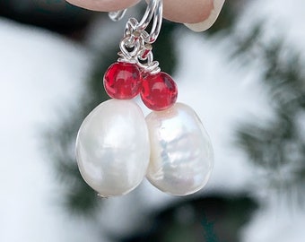 Snowball Earrings - Freshwater Pearl Earrings - Christmas - Gift for Her - Dangly Earrings - Festive Bijoux Beaded Earrings with Pearls