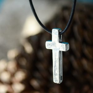 Confirmation Cross for Boys - &quot;I Believe Cross&quot; Sterling Silver Necklace on Leather Cord - Gifts for Guys - Customizable - Graduation