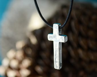 Confirmation Cross for Boys - &quot;I Believe Cross&quot; Sterling Silver Necklace on Leather Cord - Gifts for Guys - Customizable - Graduation