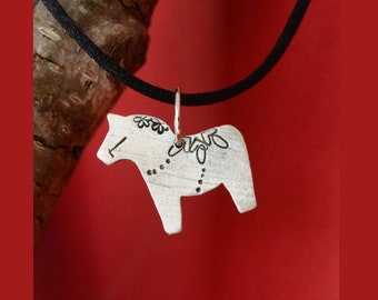 Dala Horse Necklace in Pewter - Nordic Jewelry - Gift for Her - Swedish Folk Art - Scandinavian - Christmas Jewelry - Swedish Dala Horse