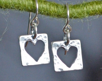 Heart Sterling Earrings - Heart Jewelry - Love Earrings - Cut-Out Heart Earrings - Gift for Her - Silver Drop Earrings - Dangle Earrings