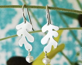 Matisse Silver Leaf Earrings, Leaf Jewelry, Lightweight Dangly Earrings, Freshwater Pearls, Gift for Her, Wedding Jewelry