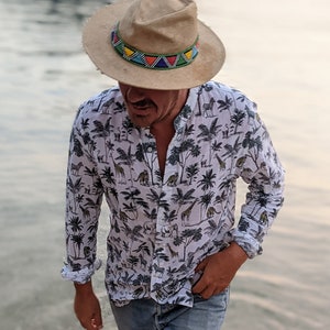 Men’s Wildlife Safari Print Shirt ~ Summer Holiday Long Sleeve Shirt Top