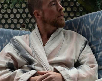 Men’s Organic Cotton Kimono style Robe ~ Striped Dressing Gown Men