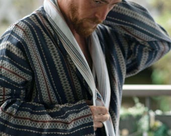 Mens Organic Cotton Kimono Style Robe ~ Striped Bathrobe Man ~ Reversible Lounging Robe for Men