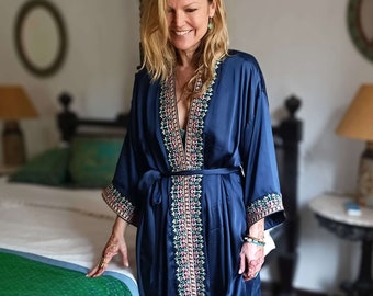 Luxury Silk Kimono Robe | Dressing Gown with Exquisite Embroidery | Classic Blue Nightgown Dress | Luxurious Gift for Women