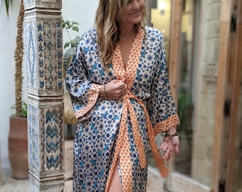 Blue Brick Bamboo Silk Kimono Dressing Gown: Luxury Spa Robe Women ~ Mosaic print Bathrobe