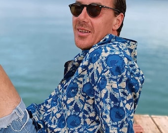 Men’s Long Sleeve Bali Blue Shirt ~ Mandarin Collar Holiday Top for Man