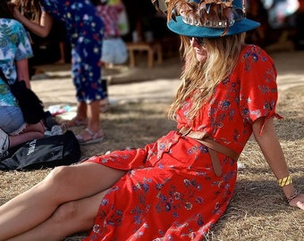 Flamenco Red Floral Babydoll Tulip Dress ~ Wedding Event Dress ~ Garden Party ~ Holiday Dress