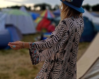 Organic Bamboo Silk Tribal Print Maxi Kimono Duster | Bohemian Festival Beach Cover-up