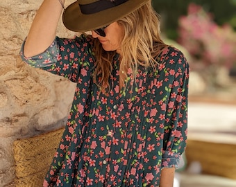 Rosa Blumen Pintuck Bluse ~ elegantes florales Top für Frauen ~ Bio-Bambus-Frauen-Shirt