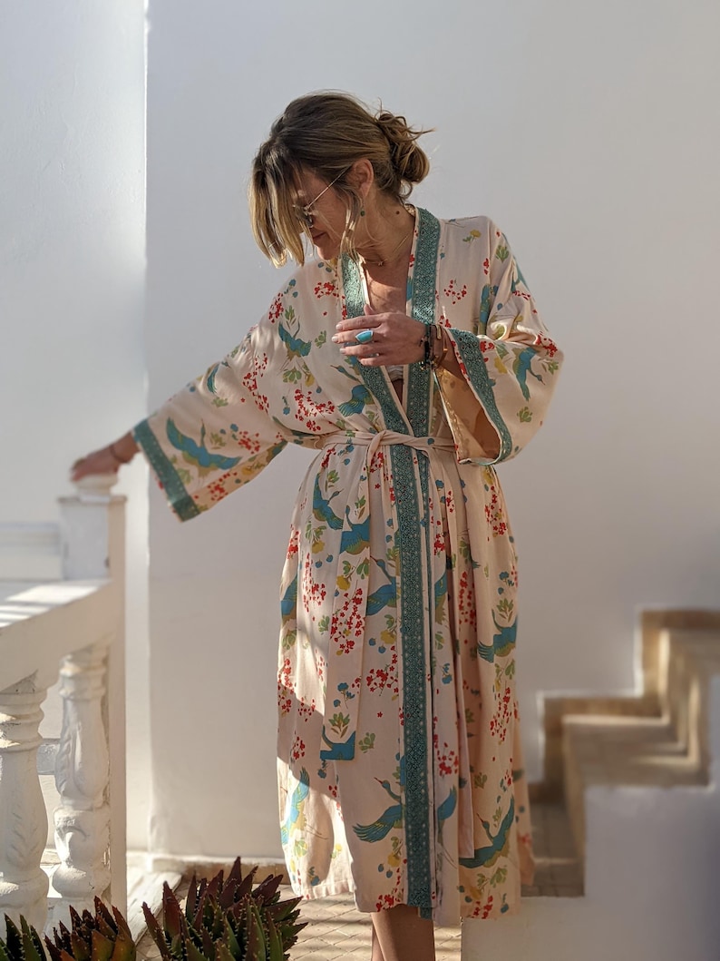 Crane Dance Peach Bridal Long Kimono Robe ~ Boho Wedding Morning ...