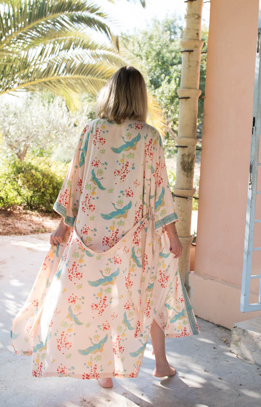 Image of Crane Dance Peach Long Kimono