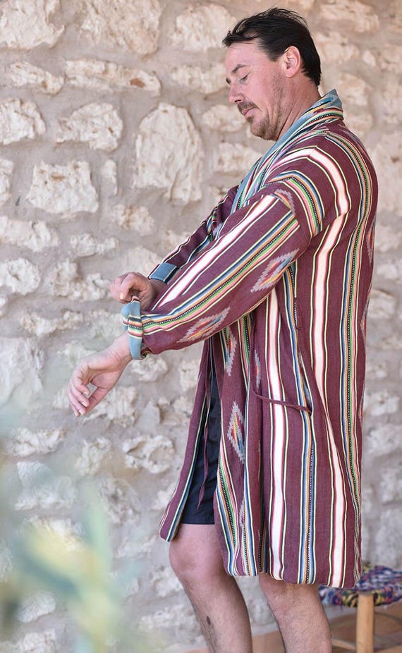 Striped Cotton Kimono Robe Mens Dressing Gown Organic Cotton