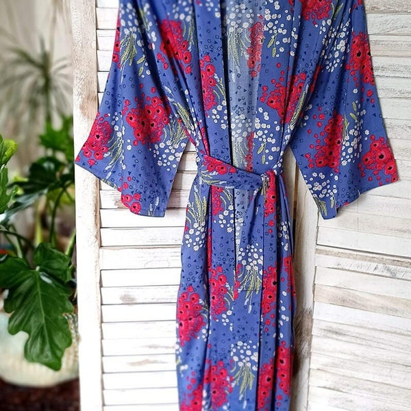Long Kimono - Dressing Gown - Floral Print - Organic Bamboo Robe for Women - BLUE BELLE