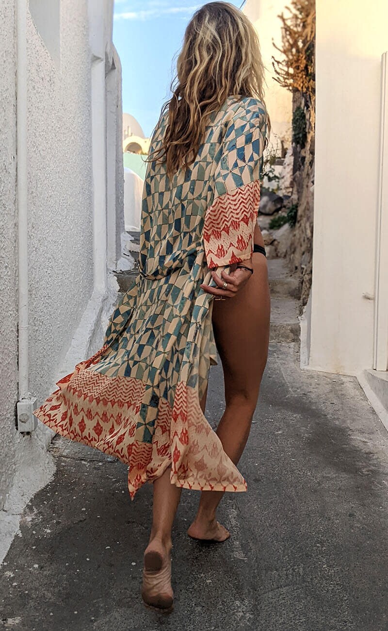 Geometric Kimono Robe ~ Vintage Style Maxi Kimono ~ Boho