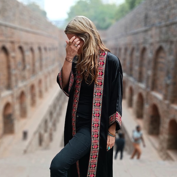 Black Silky Kimono Dressing Gown | Red Embroidered Border | Effortless Glamour | Organic Bamboo Silk | Ethereal Loungewear